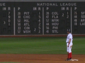 Jason Varitek waits on second base in the Aug. 2nd blowout of the As. 